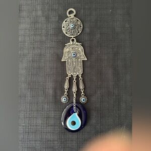 Silver Hamsa Hand Wall Hanging with Blue Accents